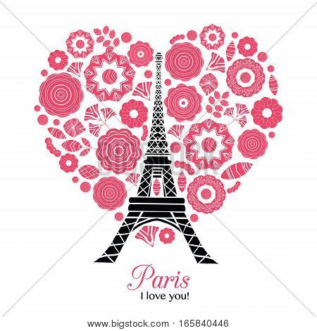 Vector Paris Eifel Tower Bursting With St Valentines Day Red Hearts Of Love. Great for travel themed postcards, greeting cards, wedding invitations, products, bags, accessories, luggage, clothing.