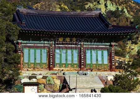 January 12, 2017 in Tehachapi, CA:  Temple Building at Tae Go Sah which is a Korean Buddhist Monastery where people can meditate 7 days a week at a quiet and peaceful place taken in the rural Southern Sierra Nevada Mountains near Tehachapi, CA