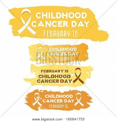 Set of grunge stickers with golden cancer ribbon in different yellow tints isolated on white. Childhood Cancer day in February 15. Vector illustration