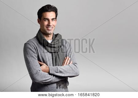 Handsome Man Wearing Winter Clothes On White Background