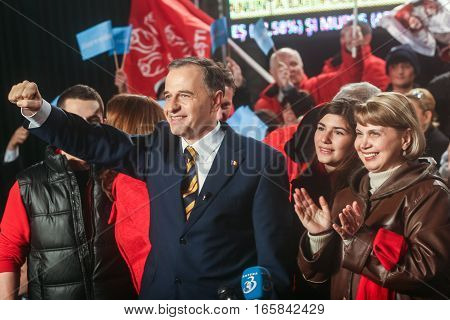 Bucharest Romania December 6 2009: The former Foreign Minister Mircea Geoana reacts after the first exit polls of presidential elections in Romania.