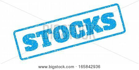 Blue rubber seal stamp with Stocks text. Vector message inside rounded rectangular banner. Grunge design and scratched texture for watermark labels. Inclined sign on a white background.