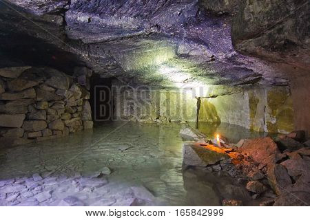 Old abandoned flooded limestone mine Gurievsky in Byakovo, Tula Region
