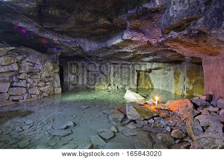 Old abandoned flooded limestone mine Gurievsky in Byakovo, Tula Region