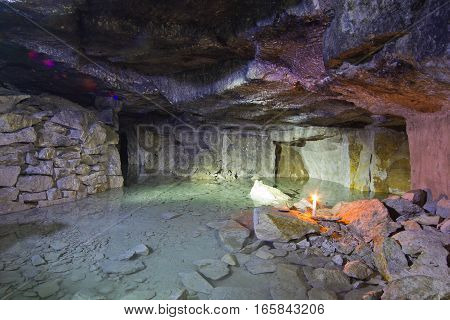 Old abandoned flooded limestone mine Gurievsky in Byakovo, Tula Region