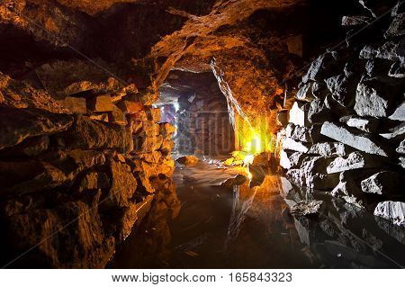 Old abandoned flooded limestone mine Gurievsky in Byakovo, Tula Region