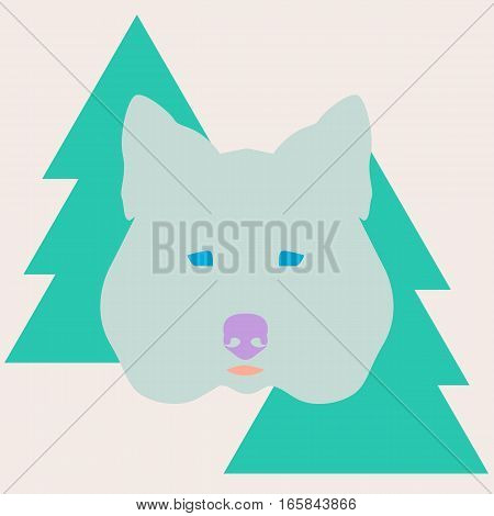 Graphic stylish wolf head isolated on forest background. Cartoon portrait for your design - postcard flyer invitation banner book cover t-shirt print poster sketchbook album cover etc
