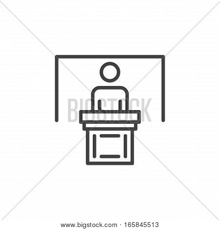 Person at podium line icon outline vector sign linear pictogram isolated on white. Speaker conference symbol logo illustration