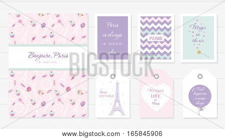 Love in Paris design. Notebook cards and tags cute templates set. Honey moon Valentine s french bakery design. Included seamless pattern with Eiffel tower and sweets - cupcakes candies. Vector.