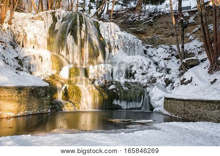 Frozen waterfall in village Lucky Slovakia. Icefall