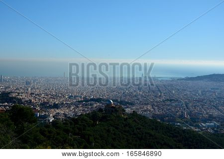 Aerial view of Fabra observatory and Barcelona city in Spain
