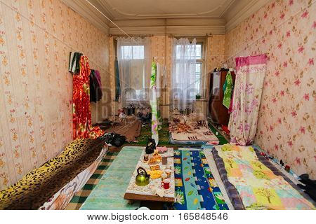 Sleeping and eating area for refugees in the temporary apartment for living (existence)