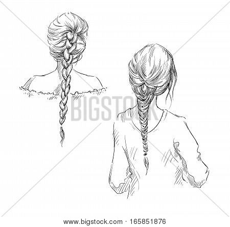 Braids. Hairstyle. Vector fashion illustration, hand drawn