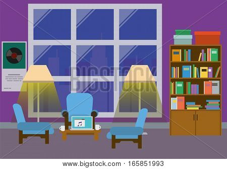 Home interior with a large window. Stylish furniture - table, three chairs and cabinet. Flat style vector illustration.