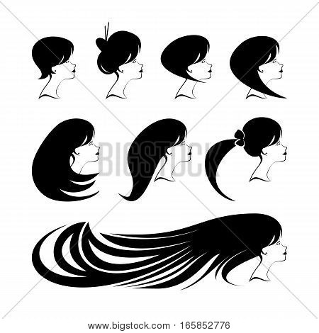Vector Beautiful woman profiles for beauty salon, spa salon, firm or company. Abstract logo woman's face with different hairdresses. Vector illustration