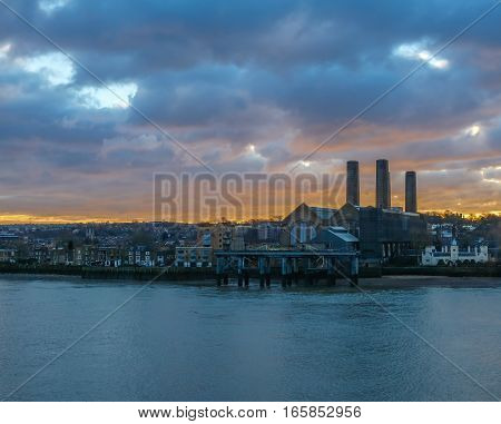 Greenwich power station at sunrise. Taken on a January morning of a lovely sunrise over the Greenwich power station which dates back to the 1900s.