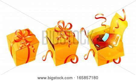 Realistic luxury gift boxes set with festive ribbon bows and toy car in open one isolated vector illustration