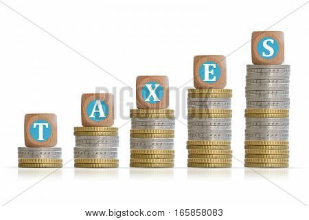 Fiscal taxes concept with pile of coins isolated on white background