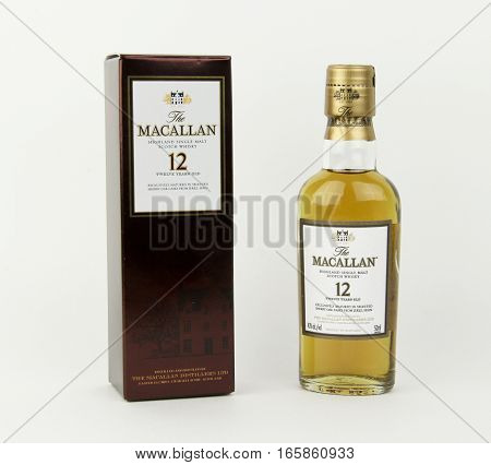 Spencer Wisconsin January 19 2016 Mini bottle of Macallan 12 year old Scotch Whisky Macallan is a single malt whisky from Scotland founded in 1824