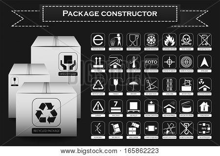 Package constructor. Packaging symbols. Icon set including waste recycling fragile flammable this side up handle with care keep dry and others. Vector illustration
