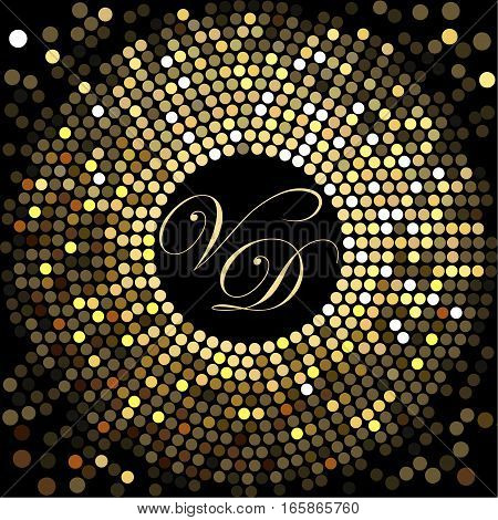 Cover design for Valentine's day. Decorated letters V and D on the black background.The depicted circles of different colors mimicking the effect of the glitter.