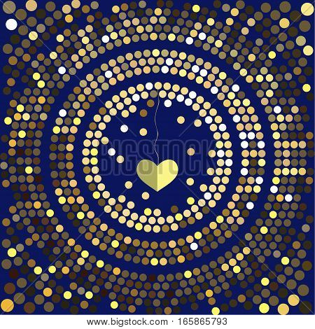 Cover design for Valentine's day. Decorative heart hanging in the center of the cards on the blue background.The depicted circles of different colors mimicking the effect of the glitter.