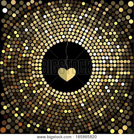 Cover design for Valentine's day. Decorative heart hanging in the center of the cards.The depicted circles of different colors mimicking the effect of the glitter.