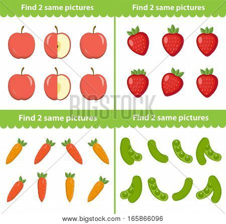 Childrens educational game. Find two same pictures of fruits and vegetables. Vector illustrationts 