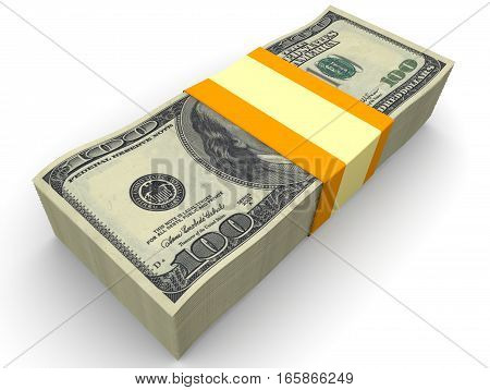A stack of American dollars. A stack of one hundred dollar bills tied with a ribbon. Isolated. 3D Illustration