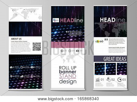 Set of roll up banner stands, flat design templates, abstract geometric style, modern business concept, corporate vertical vector flyers, flag layouts. Abstract colorful neon dots, dotted technology background. Glowing particles, led light pattern, futuri