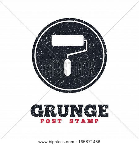Grunge post stamp. Circle banner or label. Paint roller sign icon. Painting tool symbol. Dirty textured web button. Vector