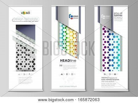 Set of roll up banner stands, flat design templates, abstract geometric style, modern business concept, corporate vertical vector flyers, flag layouts. Chemistry pattern, hexagonal design molecule structure, scientific, medical DNA research. Geometric col