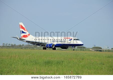 May11th 2015 Amsterdam the Netherlands: G-LCYI BA CityFlyer Embraer ERJ-170STD on the Polderbaan runway of Amsterdam Schiphol Airport. BA CityFlyer is owned by British Airways with its head office in Manchester.