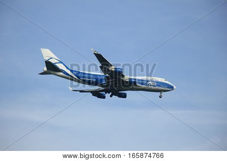 Amsterdam The Netherlands - August 10 2015: VP-BIM AirBridgeCargo Boeing 747-4HAF in flight approaching runway Polderbaan at Schiphol Amsterdam Airport