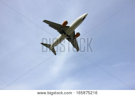Amsterdam Schiphol Airport - April 1st 2016: OY-JTF Jettime Boeing 737-382 approaching Polderbaan runway arriving from Copenhagen Danmark
