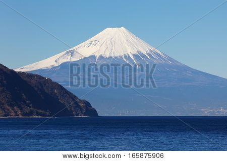 Mountain fuji and Japan sea in winter seen from Izu city Shizuoka prefecture