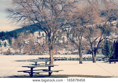 Winter landscape with trees and picnic tables on snow covered field in foreground.  Frozen lake with open water,dock and ducks in water.Snow covered lake,cottages, forest,sky and hills in background.