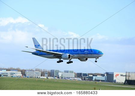 Schiphol Amsterdam The Netherlands march 31 2015: PH-BQN KLM Royal Dutch Airlines Boeing 777-206(ER) approaching on runway 09/27 Buitenveldert