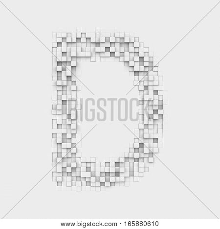 3d rendering of large letter D made up of white square uneven tiles on white background. Letters and numbers. Symbolism. Alphabet.