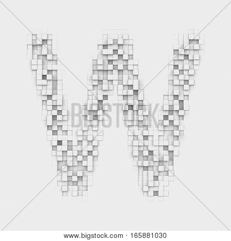 3d rendering of large letter W made up of white square uneven tiles on white background. Letters and numbers. Symbolism. Alphabet.