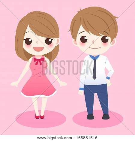 cute cartoon couple stand and smile to you