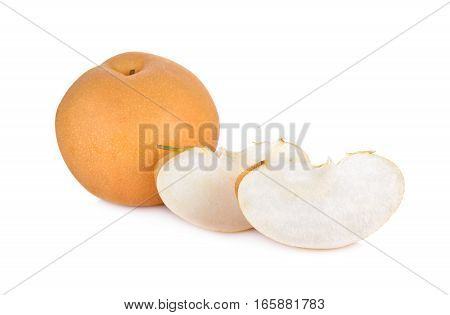 whole and portion cut snow pear or Fengsui pear on white background