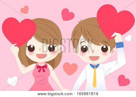 cute cartoon couple take heart and smile happily