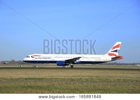 March 22nd 2015 Amsterdam Schiphol Airport G-EUXD British Airways Airbus A321-231 take off from Polderbaan Runway