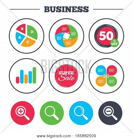 Business pie chart. Growth graph. Magnifier glass icons. Plus and minus zoom tool symbols. Search information signs. Super sale and discount buttons. Vector