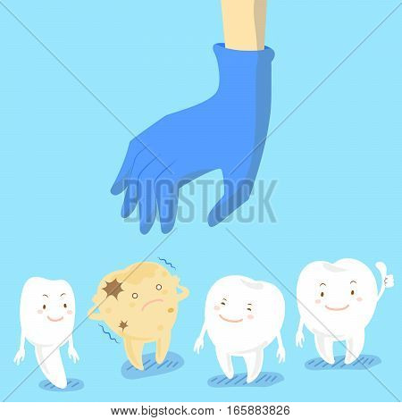 cartoon doctor hand is picking decay teeth