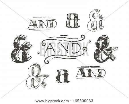 Set of decoration ampersands for letters and invitation. Handwritten type with shabby texture. Isolated on white background
