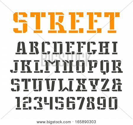 Stencil-plate serif font and numerals in military style. Isolated on white background