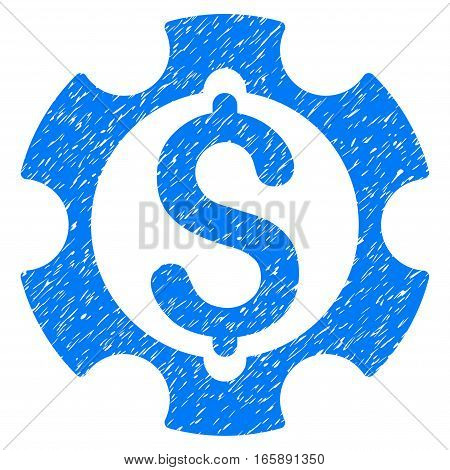 Financial Development Gear grainy textured icon for overlay watermark stamps. Flat symbol with dust texture. Dotted vector blue ink rubber seal stamp with grunge design on a white background.