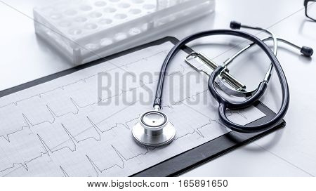 doctor desktop with test tubes in lab no one.